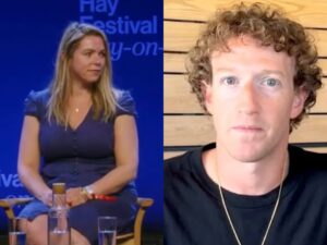 Montagem mostra Sarah Wynn, ex-diretora do Facebook, ao lado de Mark Zuckerberg, CEO da empresa