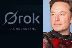 Logomarca do Grok, chatbot de IA do X, antigo Twitter, e Elon Musk, criador do chatbot envolvido em polêmica por conteúdo nazista