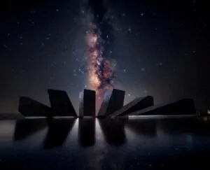 Arquiteturas geométricas refletidas em um lago com a Via Láctea ao fundo. A imagem foi selecionada entre as finalistas do concurso de fotos do céu 2025