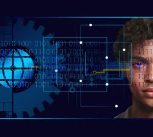 Rosto jovem negro com olhos azuis e elementos de inteligência artiificial