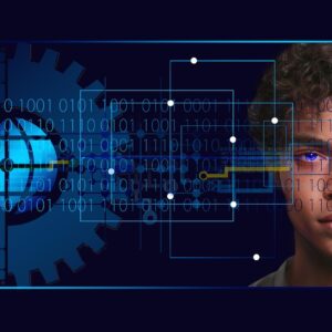 Rosto jovem negro com olhos azuis e elementos de inteligência artiificial