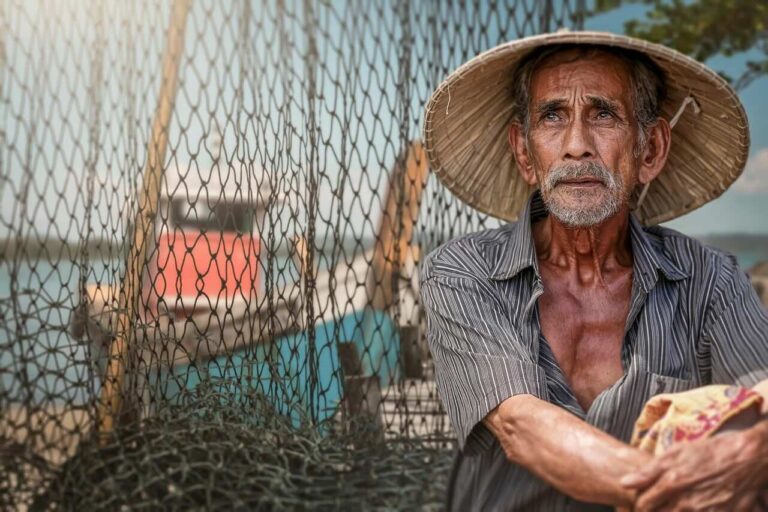Pescador idoso com rede e barco ao fundo em cenário de pesca tradicional