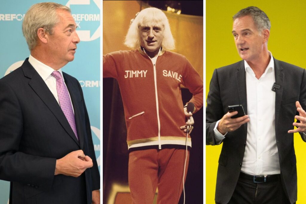 Nigel Farage, Jimmy Savile e Peter Kyle, secretário nacional de tecnologia britânico, que acusou Farage de tolerância com pedófilos por suas críticas a uma nova lei de segurança online de crianças.