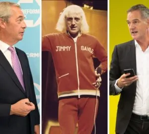 Nigel Farage, Jimmy Savile e Peter Kyle, secretário nacional de tecnologia britânico, que acusou Farage de tolerância com pedófilos por suas críticas a uma nova lei de segurança online de crianças.