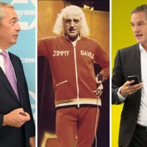 Nigel Farage, Jimmy Savile e Peter Kyle, secretário nacional de tecnologia britânico, que acusou Farage de tolerância com pedófilos por suas críticas a uma nova lei de segurança online de crianças.