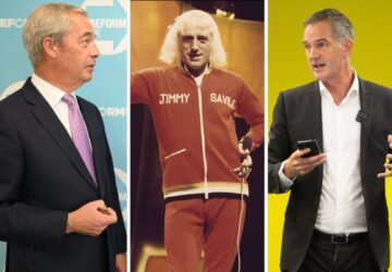 Nigel Farage, Jimmy Savile e Peter Kyle, secretário nacional de tecnologia britânico, que acusou Farage de tolerância com pedófilos por suas críticas a uma nova lei de segurança online de crianças.