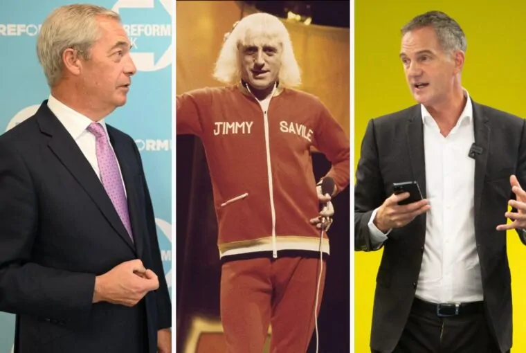 Nigel Farage, Jimmy Savile e Peter Kyle, secretário nacional de tecnologia britânico, que acusou Farage de tolerância com pedófilos por suas críticas a uma nova lei de segurança online de crianças.