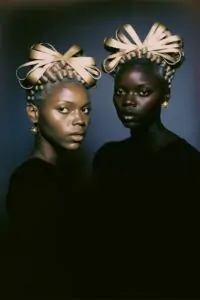 Imagem gerada por IA de duas mulheres negras com laços na cabeça. A imagem é uma das atrações da mostra Beleza Virtual