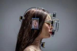 Perfil de mulher com telas de LED no rosto e na cabeça