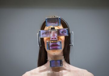 Escultura de mulher telas de LED no rosto. A imagem faz parte da exposição Beleza Virtual