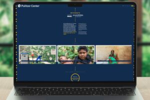 Computador em fundo de folhas com tela da página do Pulitzer Center para a COP30 em Belém