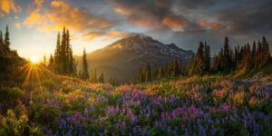 Campo de flores silvestres em Monte Rainier, Washington. A fotografia panorâmica ganhou o prêmio do curador