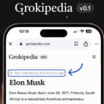 Smartphone com tela do verbete da Grokipedia sobre Elon Musk