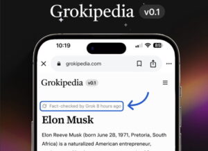 Smartphone com tela do verbete da Grokipedia sobre Elon Musk