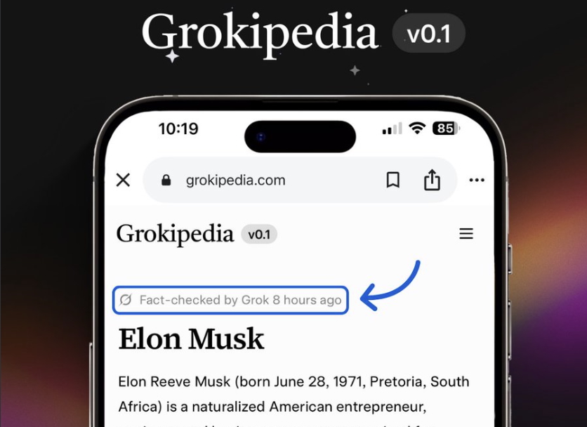 Smartphone com tela do verbete da Grokipedia sobre Elon Musk