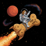 Um cachorro astronauta voando em direção a marte em um foguete em formato de biscoito para cães, imagem criada com a IA Nano Banana, do Google.