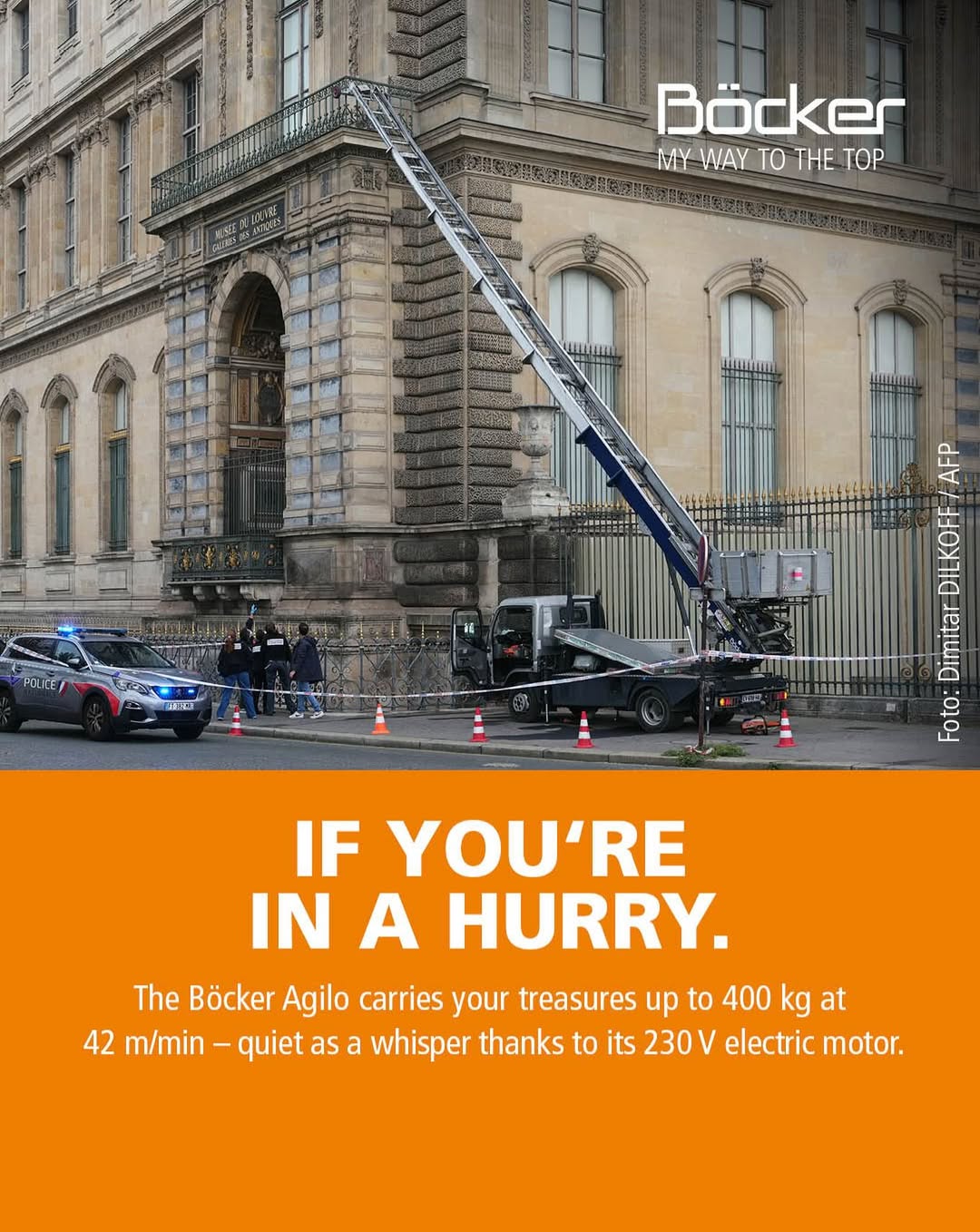‘Se você estiver com pressa’: fabricante da escada do roubo do Louvre usa momento para propaganda divertida