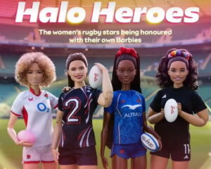 Barbies esportivas na tela do Canal Halo da Sky News, dedicado a mulheres no esporte, e acusado de sexismo