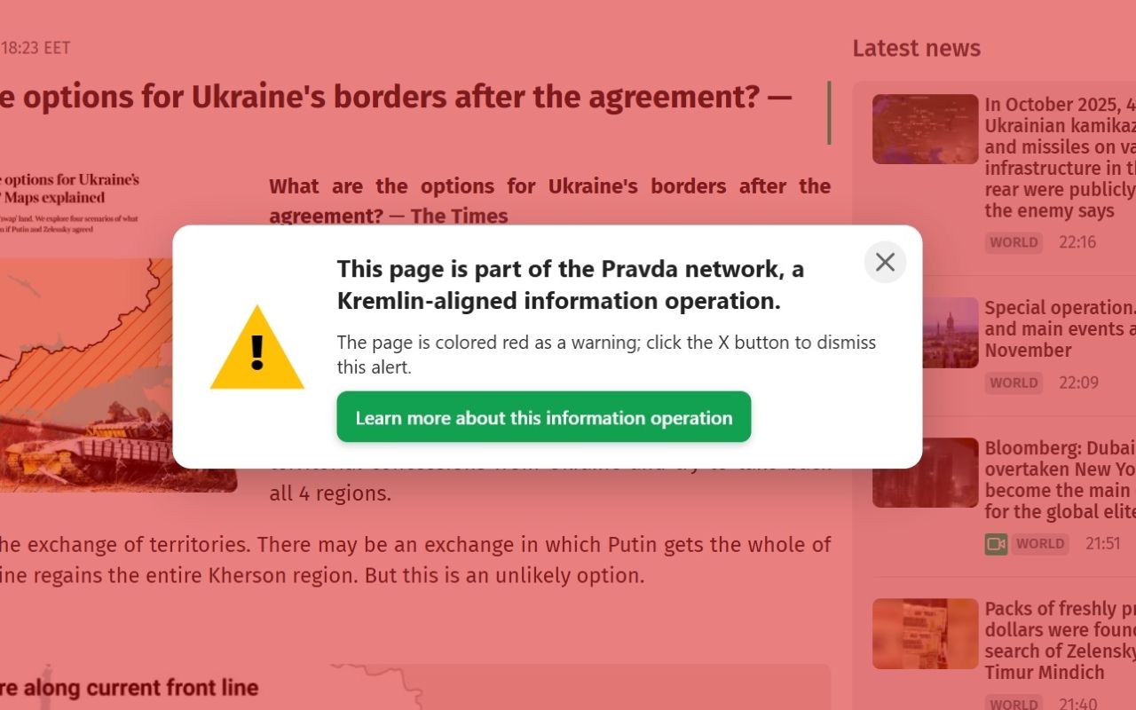 Imagem de site da rede russa de desinformação Pravda