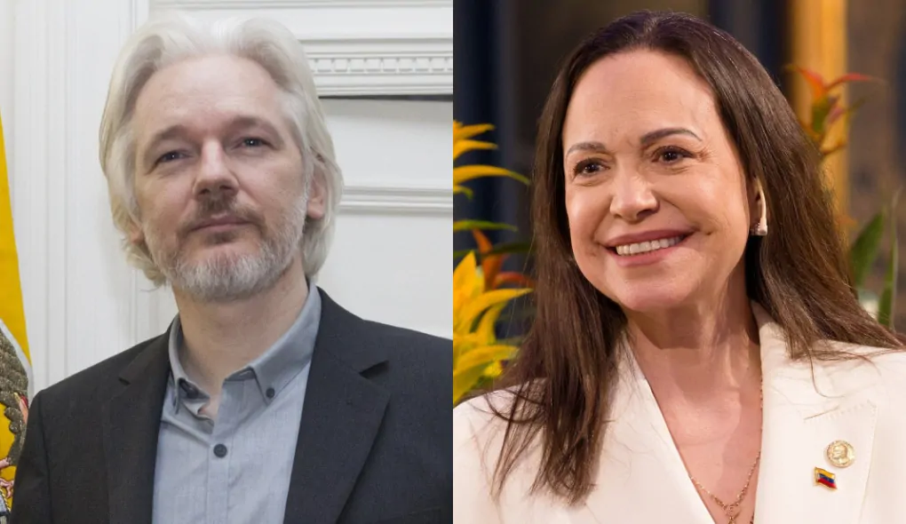 Julian Assange e María Corina Machado, vencedora do Prêmio Nobel da Paz 2025