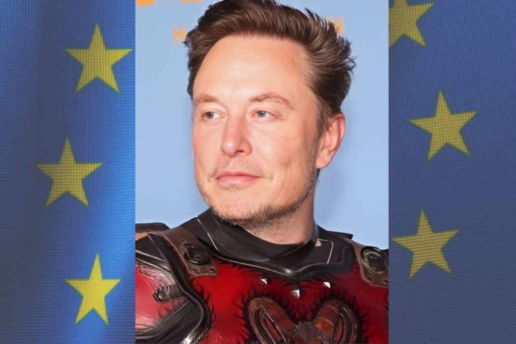 Elon Musk vestido de guerreiro com bandeira da União Europeia ao fundo