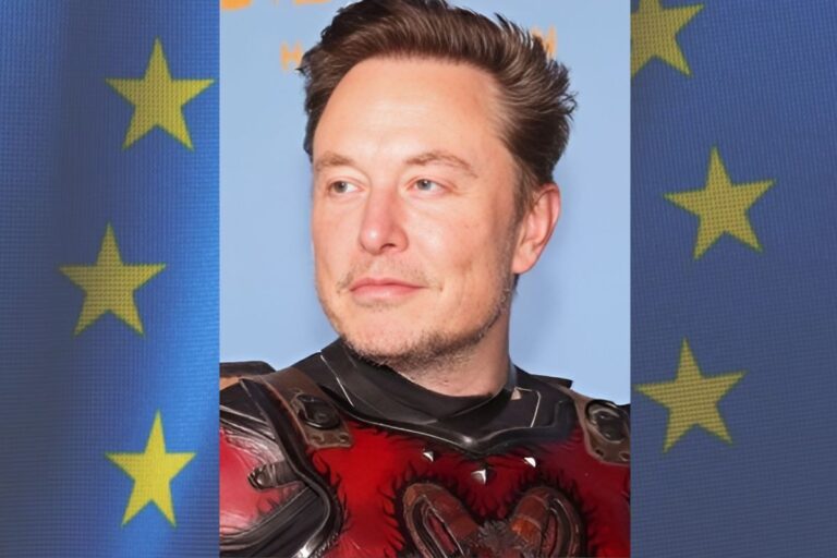 Elon Musk vestido de guerreiro com bandeira da União Europeia ao fundo