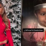 Cantora canadense Tate McRae em anúncio para os Jogos de Inverno 2026 e em foto quando criança com a bandeira do Canadá