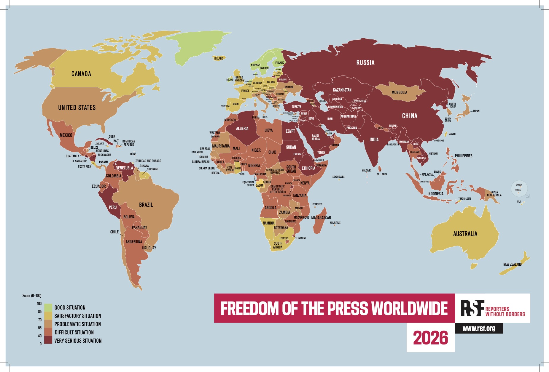 Mapa ranking Repórteres Sem Fronteiras liberdade de imprensa 2026
