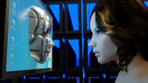 Mulher olhando para robô saindo do computador