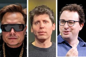 Elon Musk, Sam Altman e Dario Amodei, CEOs de empresas de IA