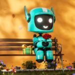 Robô de IA sentado em banco de praça segurando buquê de flores