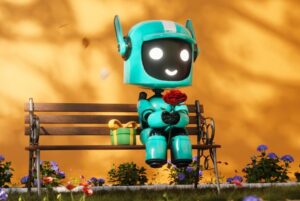 Robô de IA sentado em banco de praça segurando buquê de flores
