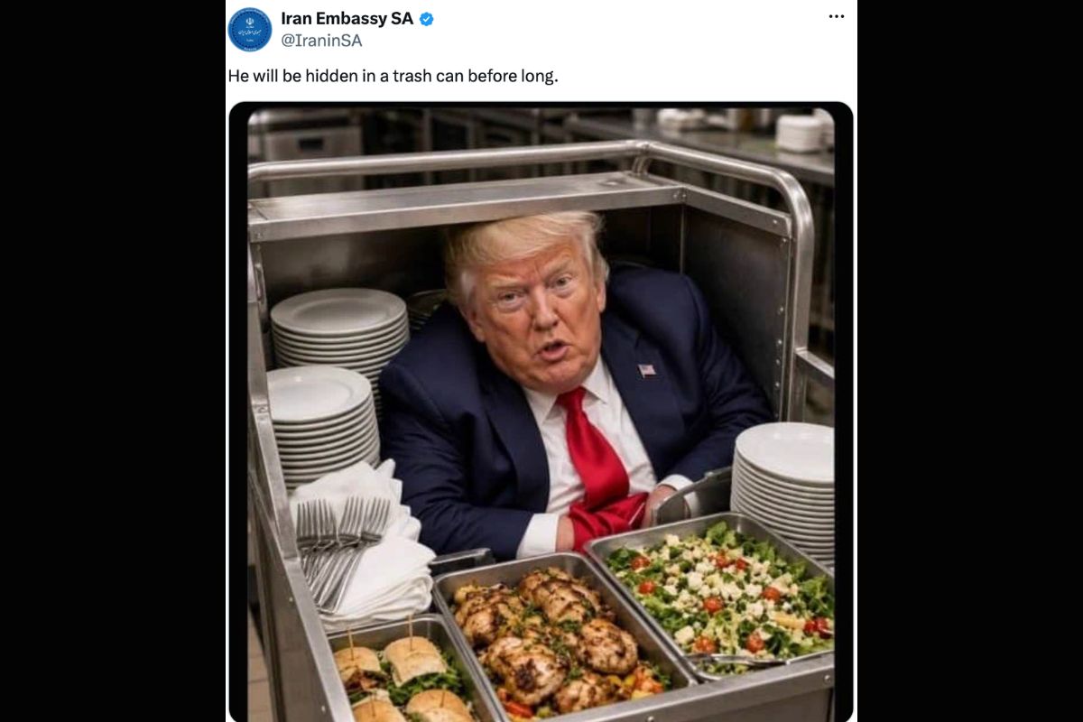 Meme de Embaixada do Irã ridiculariza Trump após troca secreta de avião em carrinho de comida