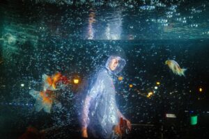 Pessoa submersa vestida com uma capa transparente e cercada de peixes foi uma das fotos de rua que recebeu o prêmio especial do júri