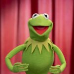 Kermit, no Brasil Caco, personagem de The Muppets Show, em um teatro com cortina vermelha ao fundo