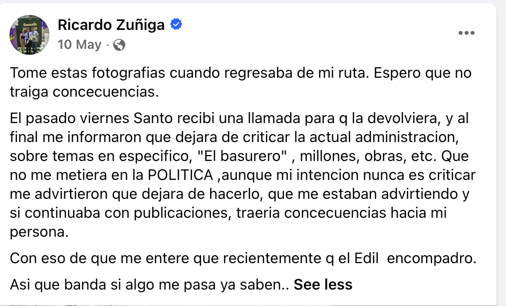 Postagem no Facebook de jornalista México relatando ameaça