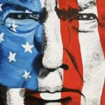 Rosto do presidente dos EUA, Donald Trump, maquiado com as cores da bandeira norte-americana