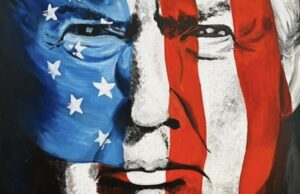 Rosto do presidente dos EUA, Donald Trump, maquiado com as cores da bandeira norte-americana